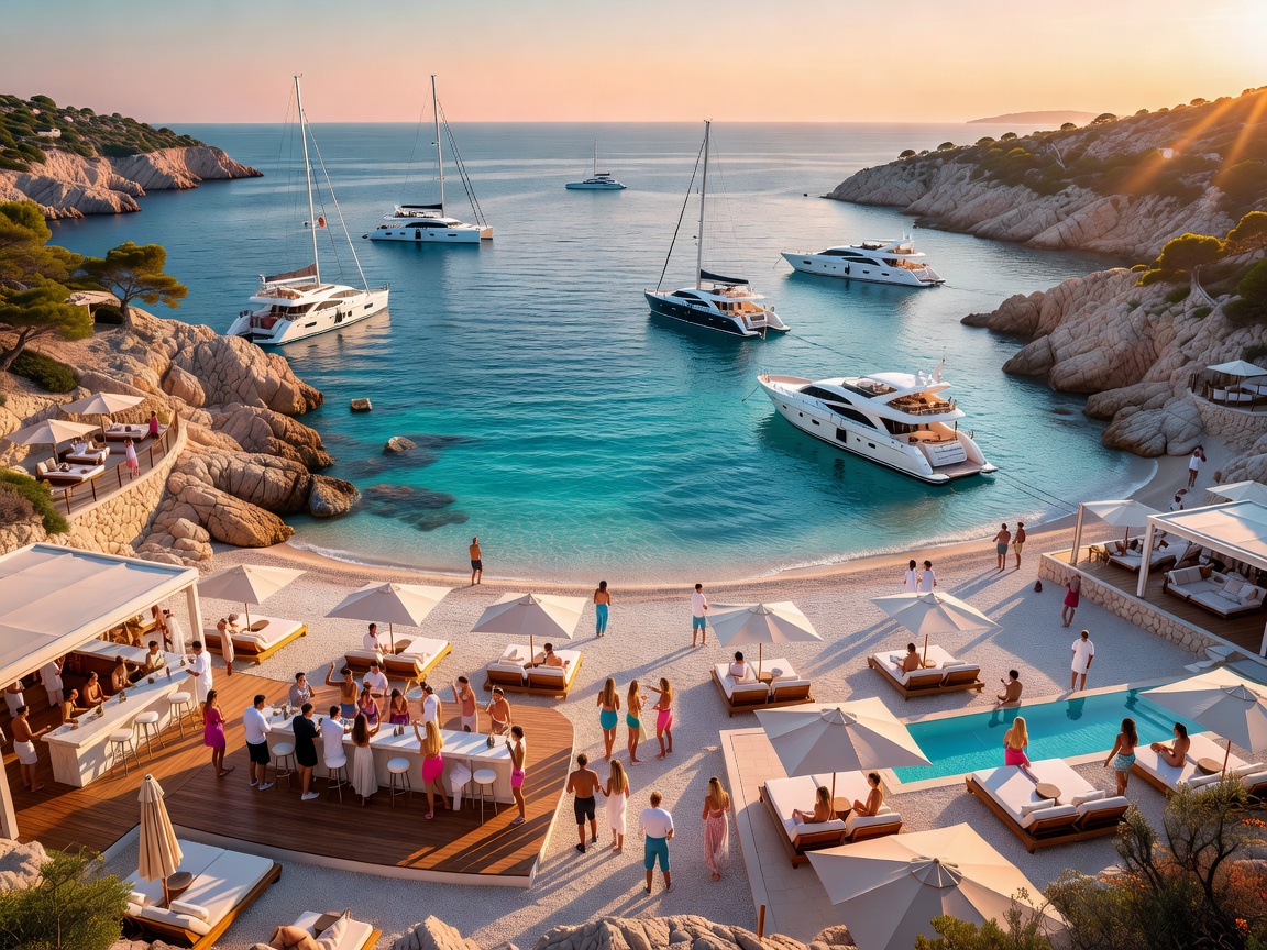 Adriatic coastline with yachts and party beach clubs in Croatia