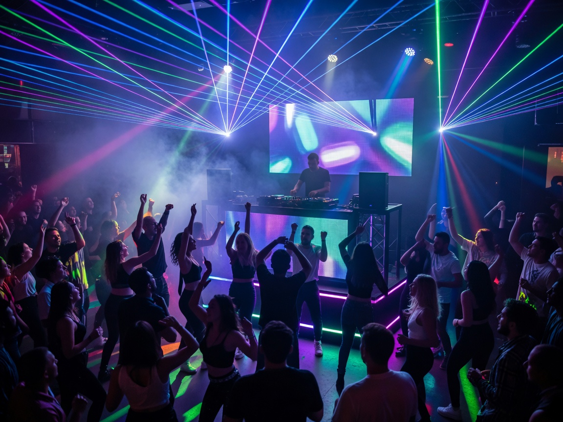 Crowd dancing in illuminated nightclub with laser lights and DJ booth
