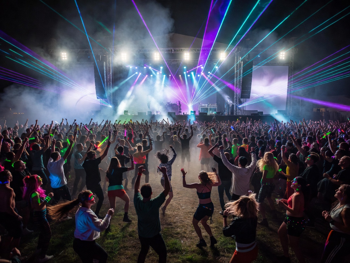 Festival stage crowd dancing to electronic music