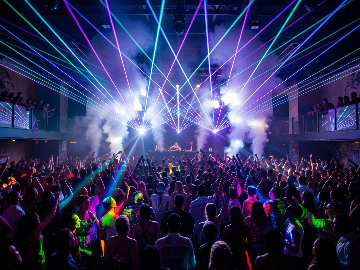 Ibiza superclub with massive laser show and dancing crowd