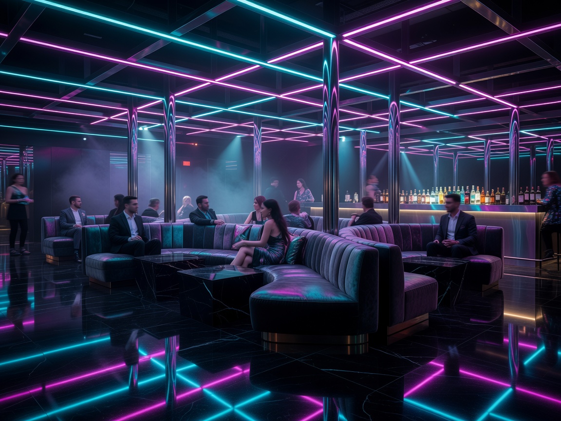 Modern club interior with neon glow and VIP booth lounges