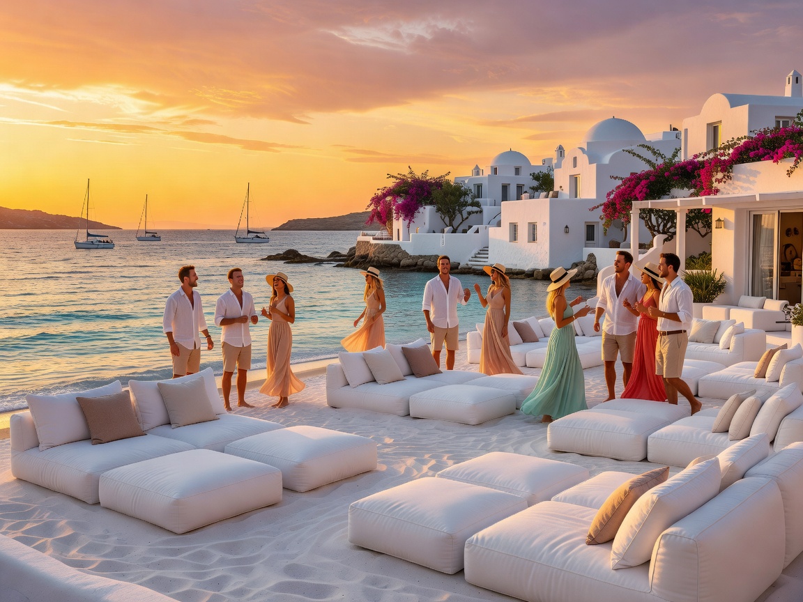 Mykonos beachfront party lounge during golden hour sunset