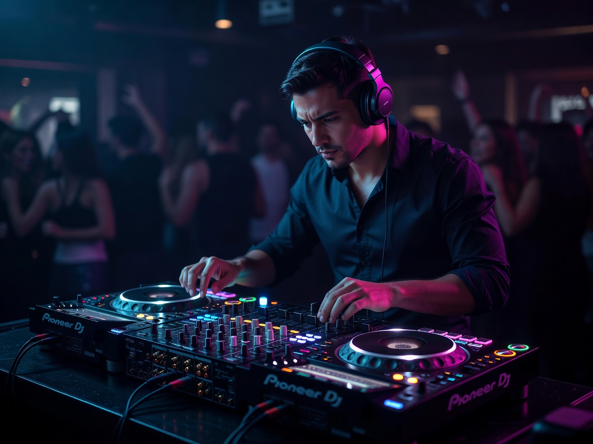 Professional DJ mixing music on modern pioneer decks with neon glow