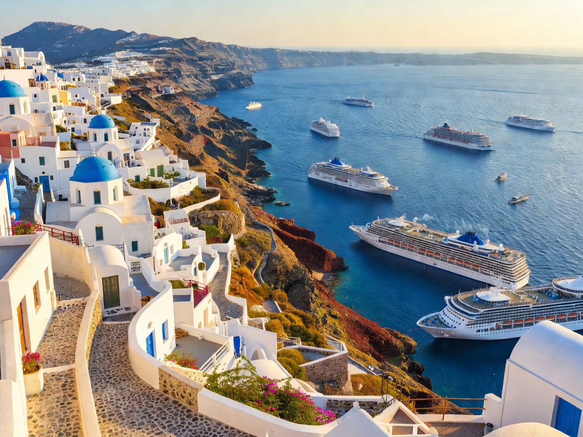 Santorini white cliffside architecture with deep blue sea and cruise vessels