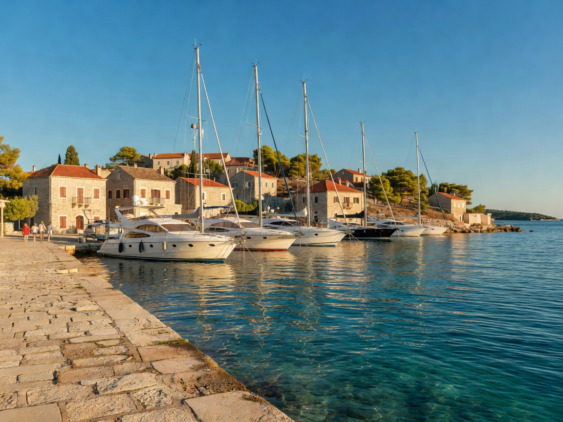 Scenic Croatian island harbor with yachts docked along stone promenade