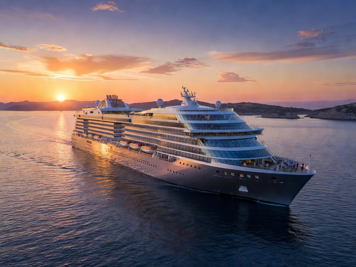 Sleek modern cruise ship sailing Mediterranean waters at sunset